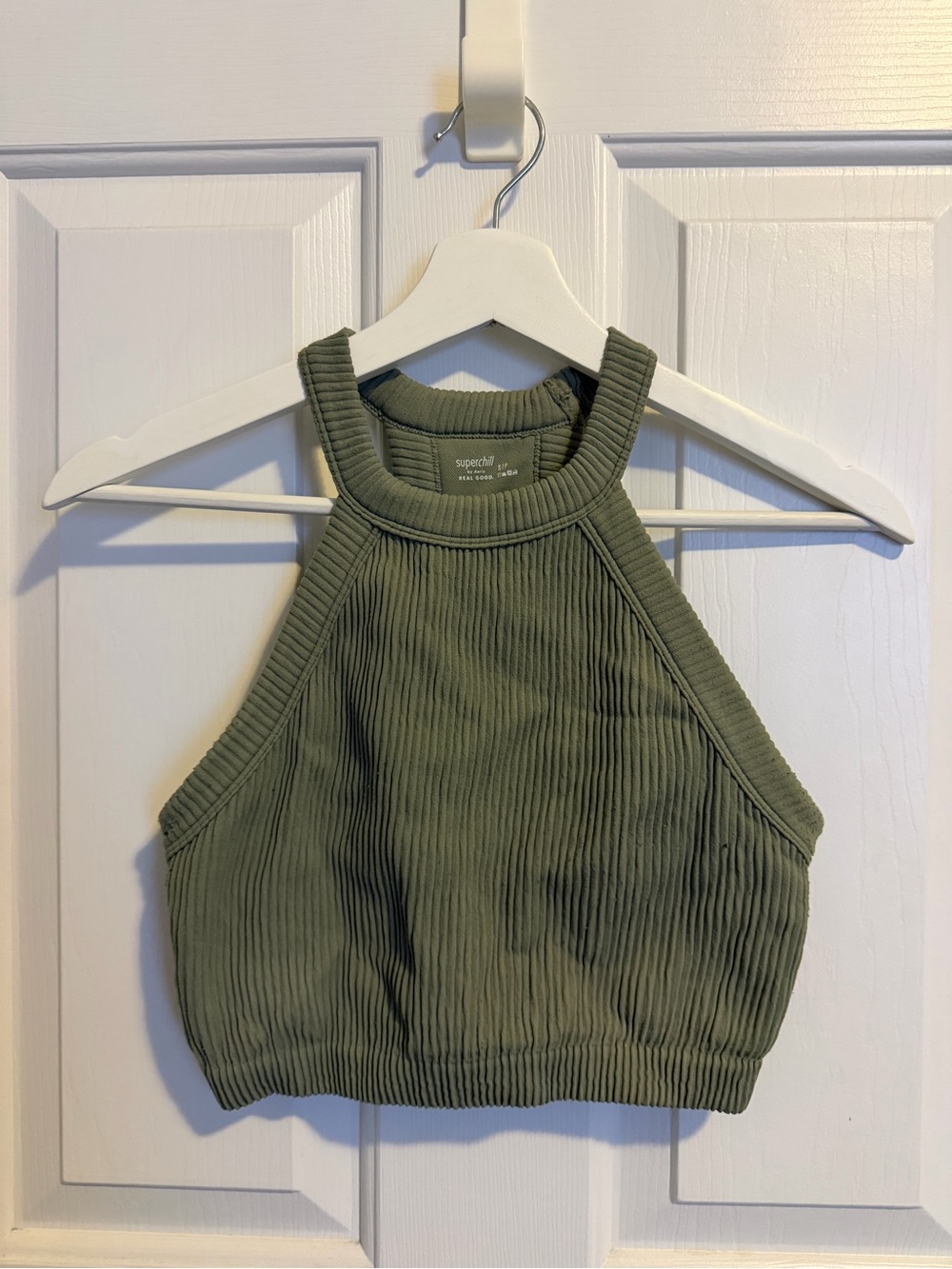 Aerie Superchill Olive Ribbed Cropped Halter Tank Top